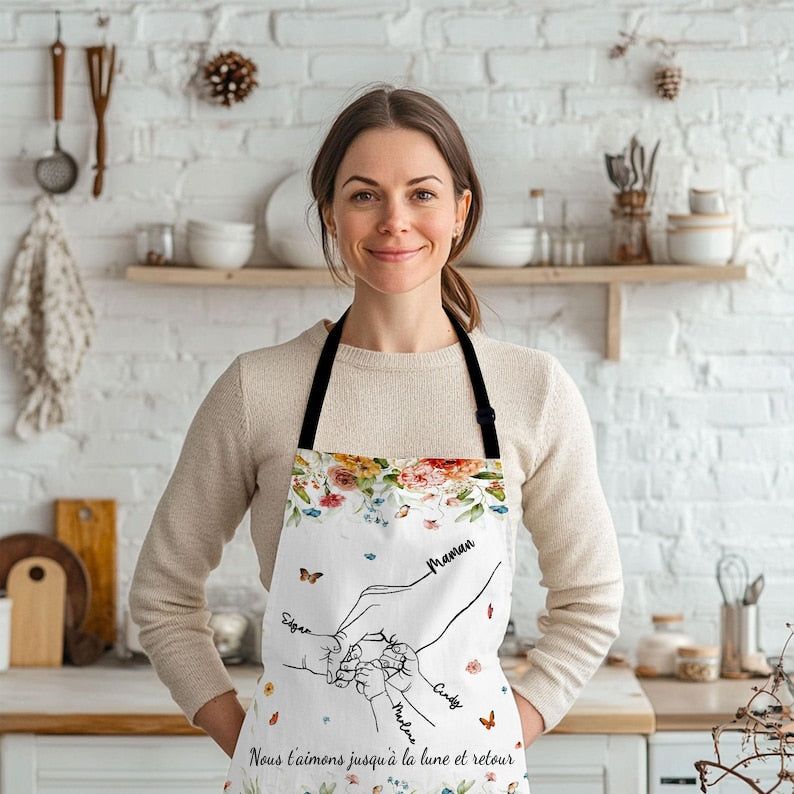 Tablier personnalisable maman et enfant se tenant la main, cadeau tablier personnalisé pour maman/grand-mère