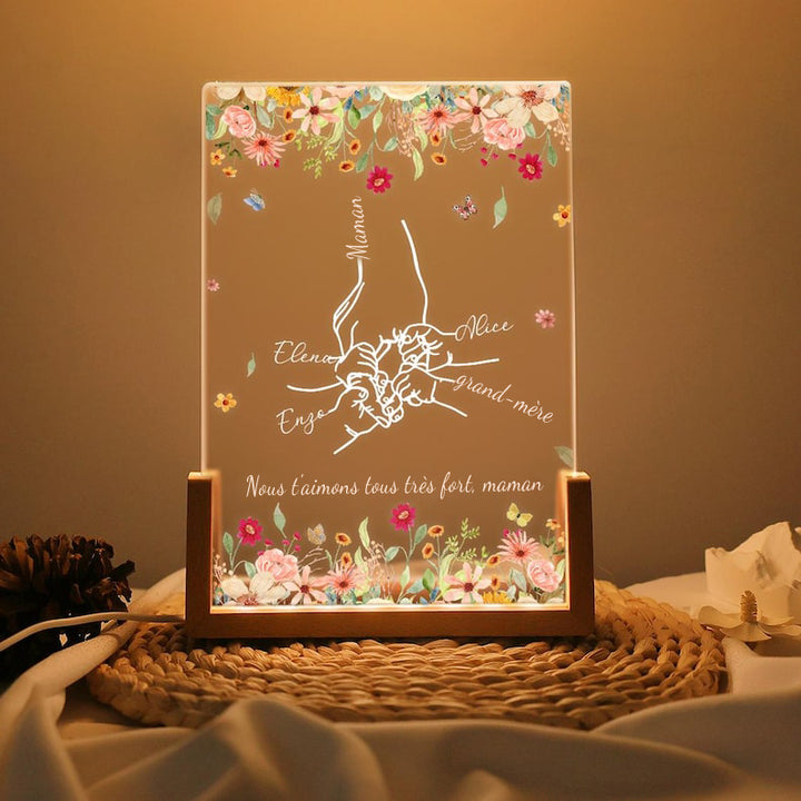 Veilleuse personnalisée avec les mains de maman et le nom de l'enfant, lampe tenant les mains