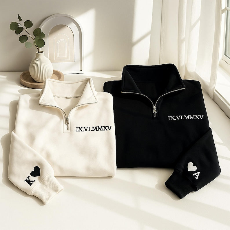 Pull brodé avec chiffres romains et fermeture éclair quart de tour, cadeau pour couple, date de mariage personnalisée, cadeau d'anniversaire pour elle