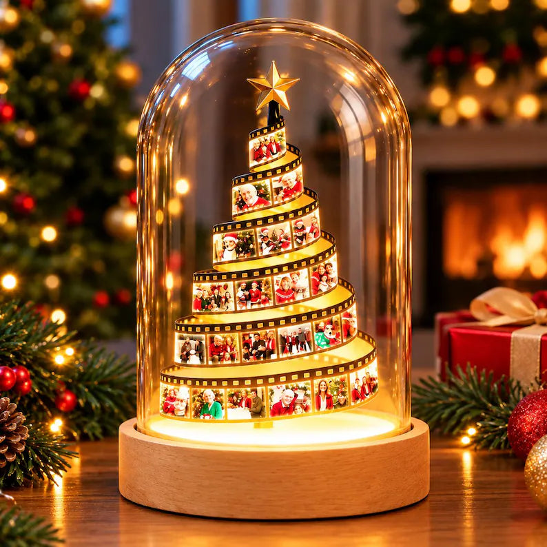 Veilleuse sapin de Noël personnalisée avec pellicule photo et socle en bois gravé – Cadeau de Noël pour la famille