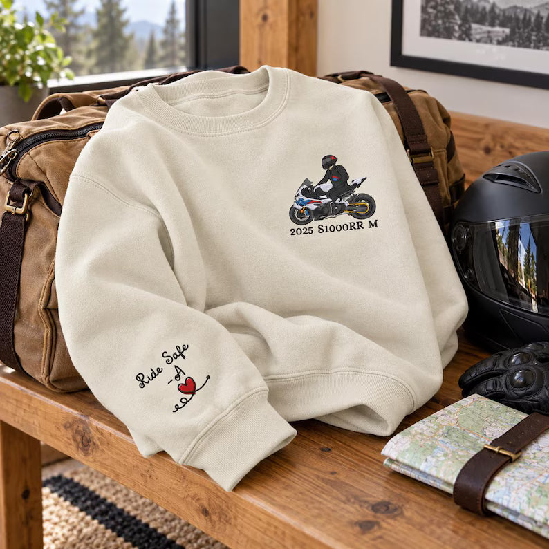 Sweat-shirt personnalisé avec broderie de moto d'après photo, cadeau pour lui/elle