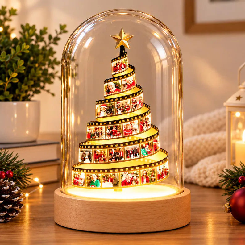 Veilleuse sapin de Noël personnalisée avec pellicule photo et socle en bois gravé – Cadeau de Noël pour la famille