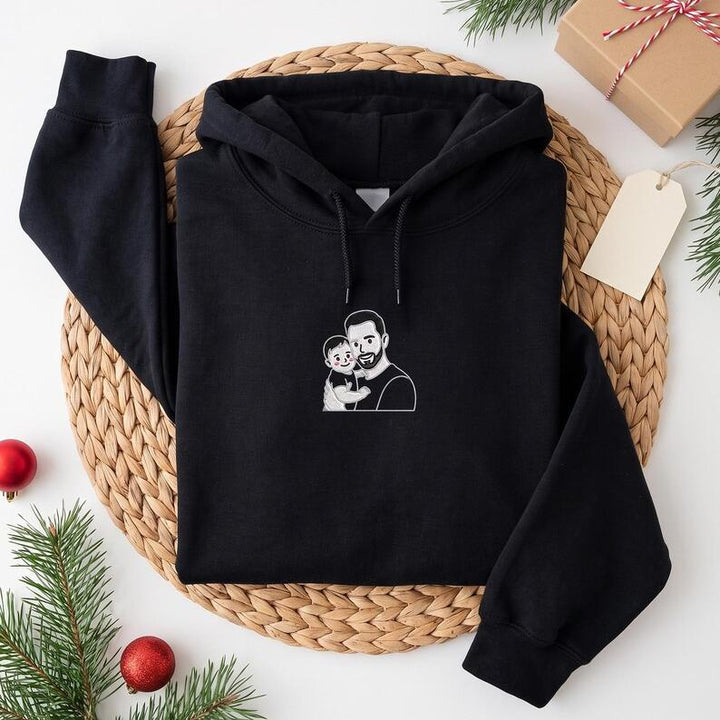 Sweat-shirt Brodé Photo de Famille Style Dessin Animé avec Prénom sur la Manche - Cadeau Papa & Famille