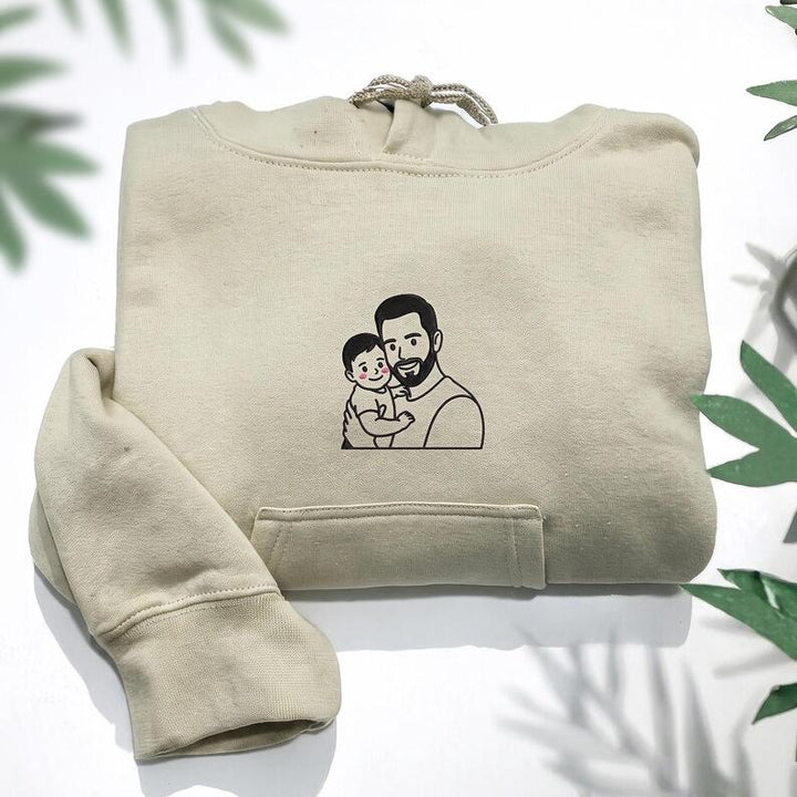 Sweat-shirt Brodé Photo de Famille Style Dessin Animé avec Prénom sur la Manche - Cadeau Papa & Famille