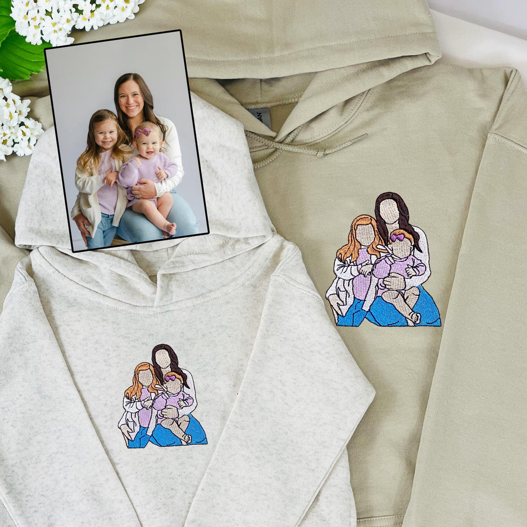 Sweat-shirt brodé maman (papa) et mini | Sweats à capuche personnalisés avec portraits brodés