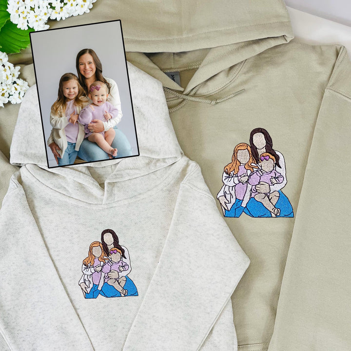 Sweat-shirt brodé maman (papa) et mini | Sweats à capuche personnalisés avec portraits brodés