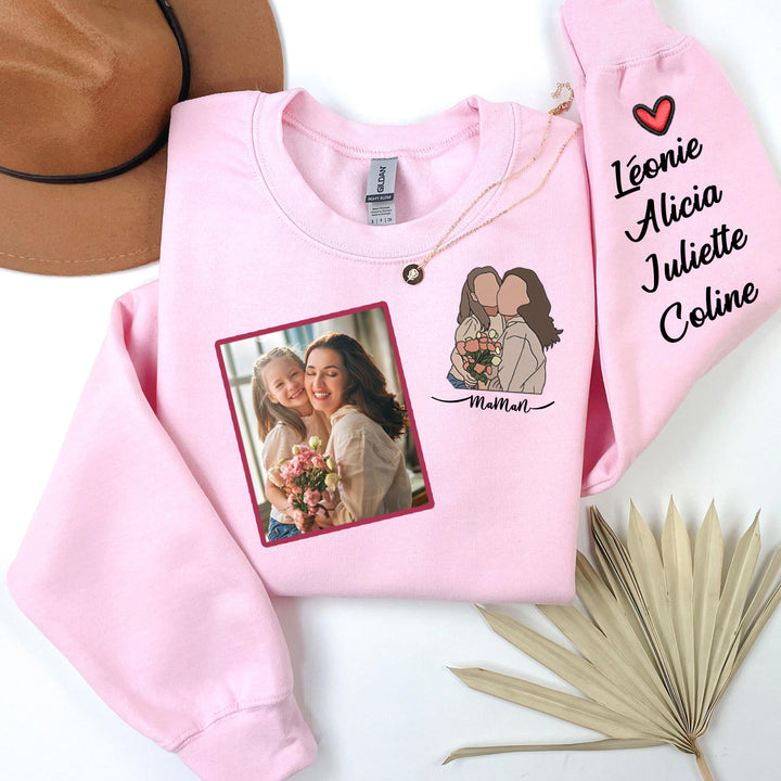 Sweat à capuche personnalisé pour maman avec photo et prénoms d'enfants, cadeau unique pour la fête des mères, sweat-shirt photo brodé personnalisé