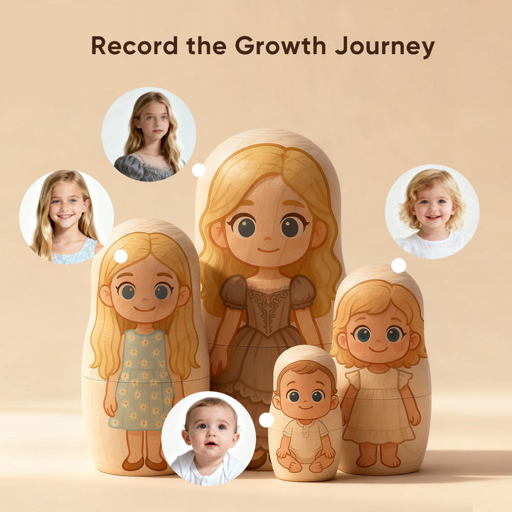 Poupées Gigognes Personnalisées Bébé-enfant Poupées Photo Retraçant la Croissance de Votre Enfant, du Bébé à l’Âge Scolaire Cadeau Souvenir Unique pour la Famille