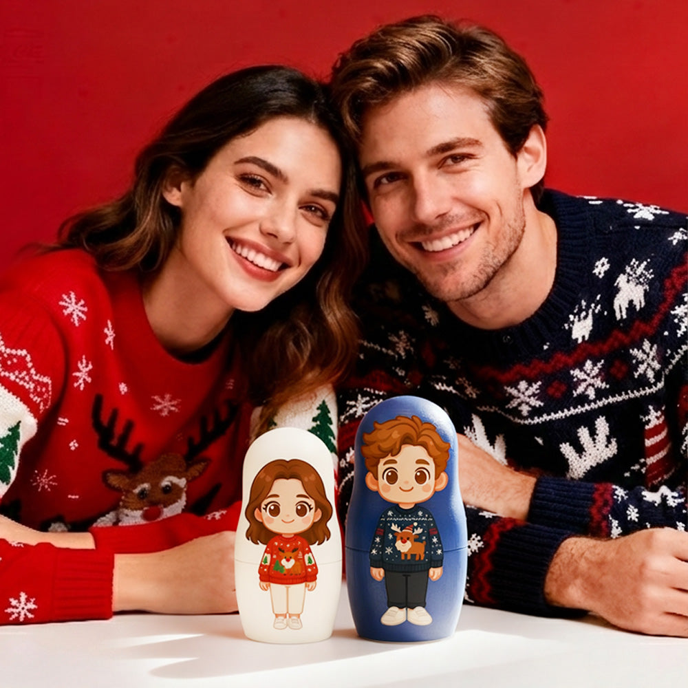 Poupée Russe Personnalisée Avec Portrait De Famille Style Dessin Animé - Cadeau De Noël Pour Couple