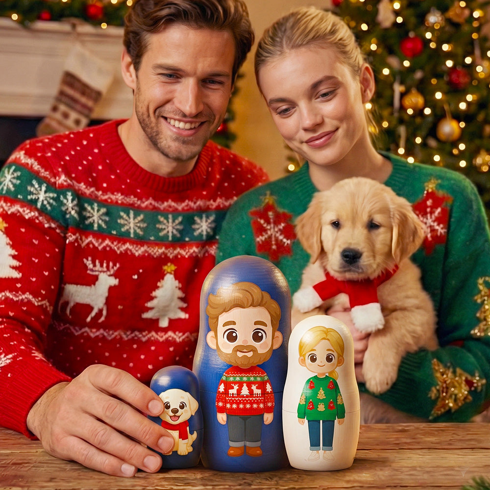 Poupée Russe Personnalisée Avec Portrait De Famille Style Dessin Animé - Cadeau De Noël Pour Couple