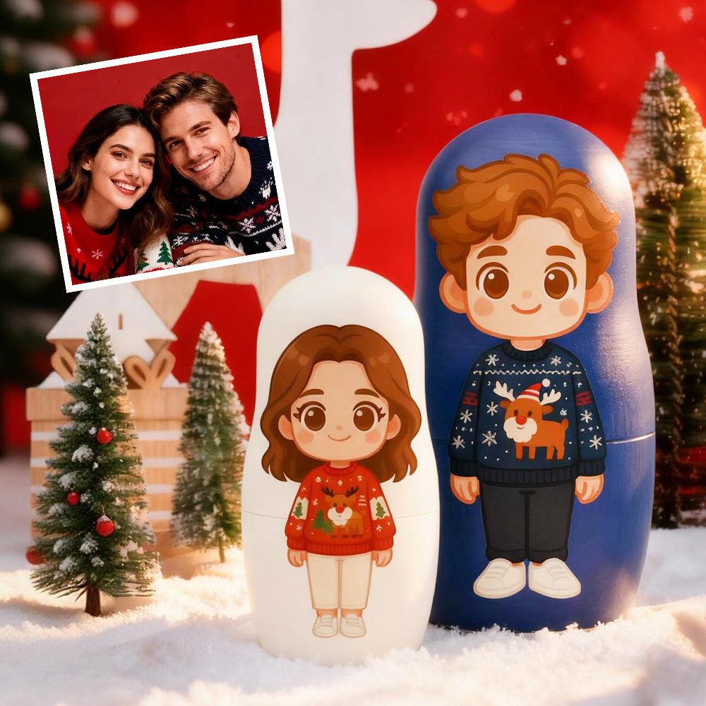 Poupée Russe Personnalisée Avec Portrait De Famille Style Dessin Animé - Cadeau De Noël Pour Couple
