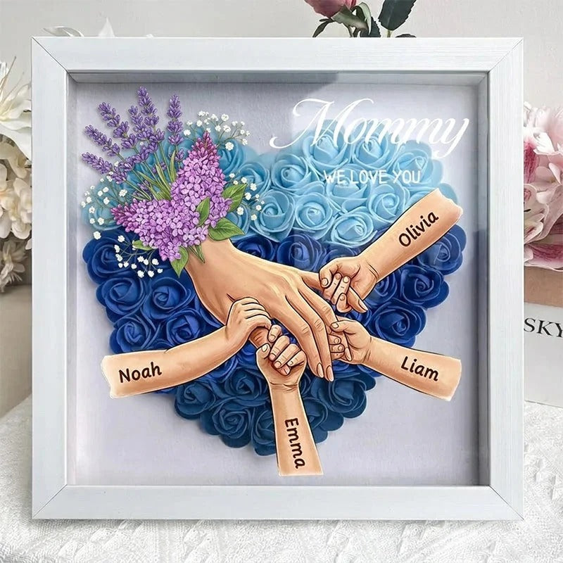 Cadre-vitrine personnalisé « Mains entrelacées » – Thème Lavande – Cadeau pour la fête des Mères