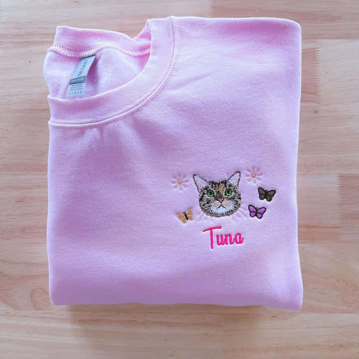 Sweat-shirt brodé personnalisé avec portrait d’animal et papillon, cadeau pour amoureux des animaux