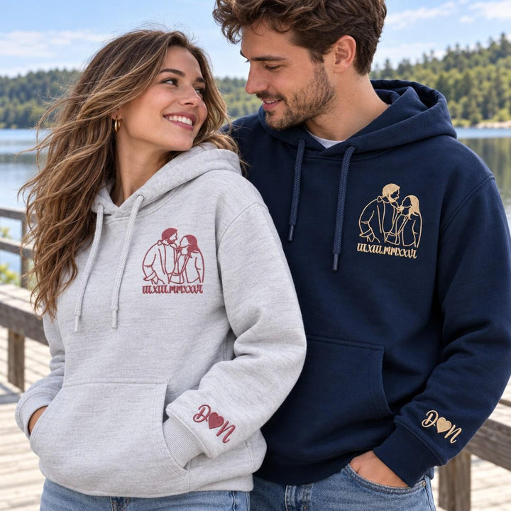 Sweat-shirt/T-shirt à chiffres romains avec contour brodé du portrait,un cadeau parfait pour les couples