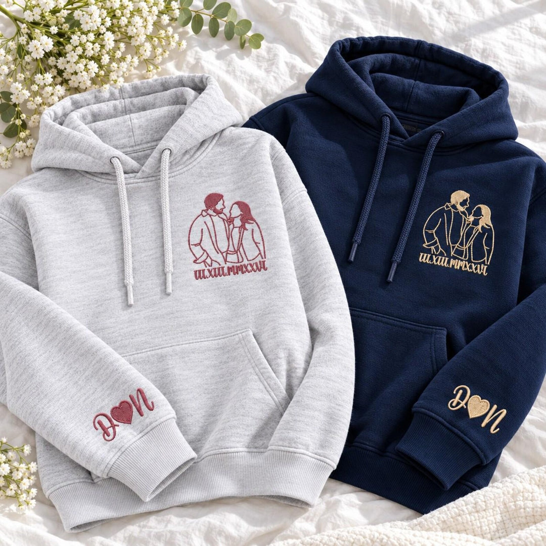 Sweat-shirt/T-shirt à chiffres romains avec contour brodé du portrait,un cadeau parfait pour les couples