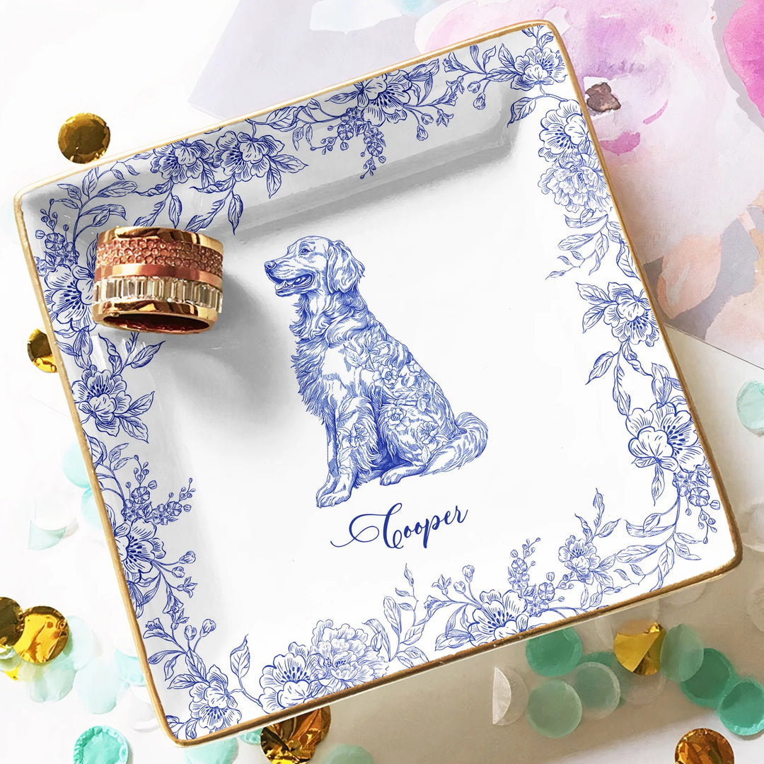 Cadeau pour amoureux des chiens, style chinoiserie toile de Jouy - Coupelle à bijoux personnalisée
