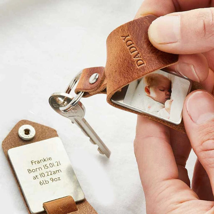 Porte-clés personnalisé en cuir avec étui photo et message gravé — Pour Maman, Papa ou la famille