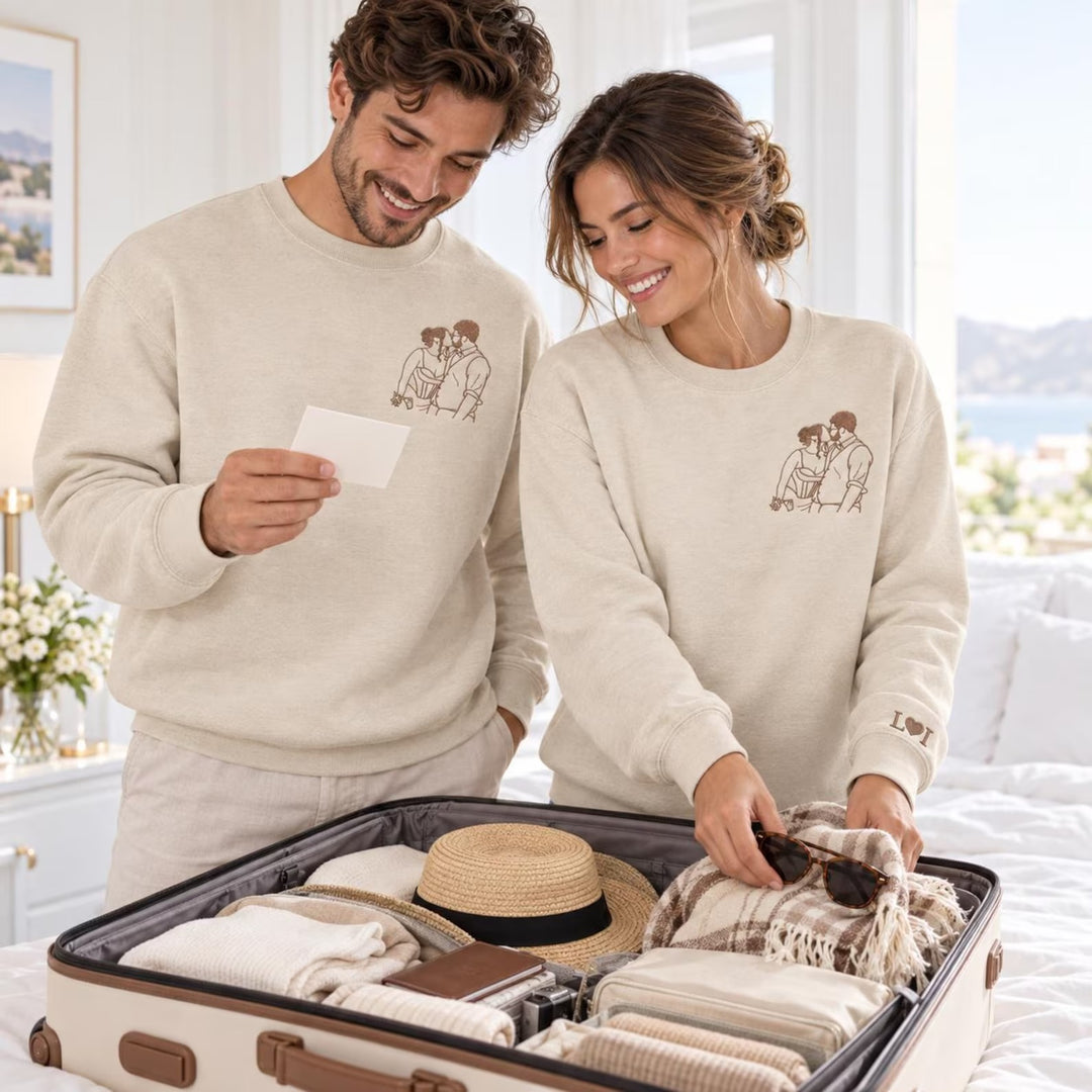 Sweat-shirt personnalisé avec contour brodé d'un portrait de couple – cadeau d'anniversaire ou de Noël
