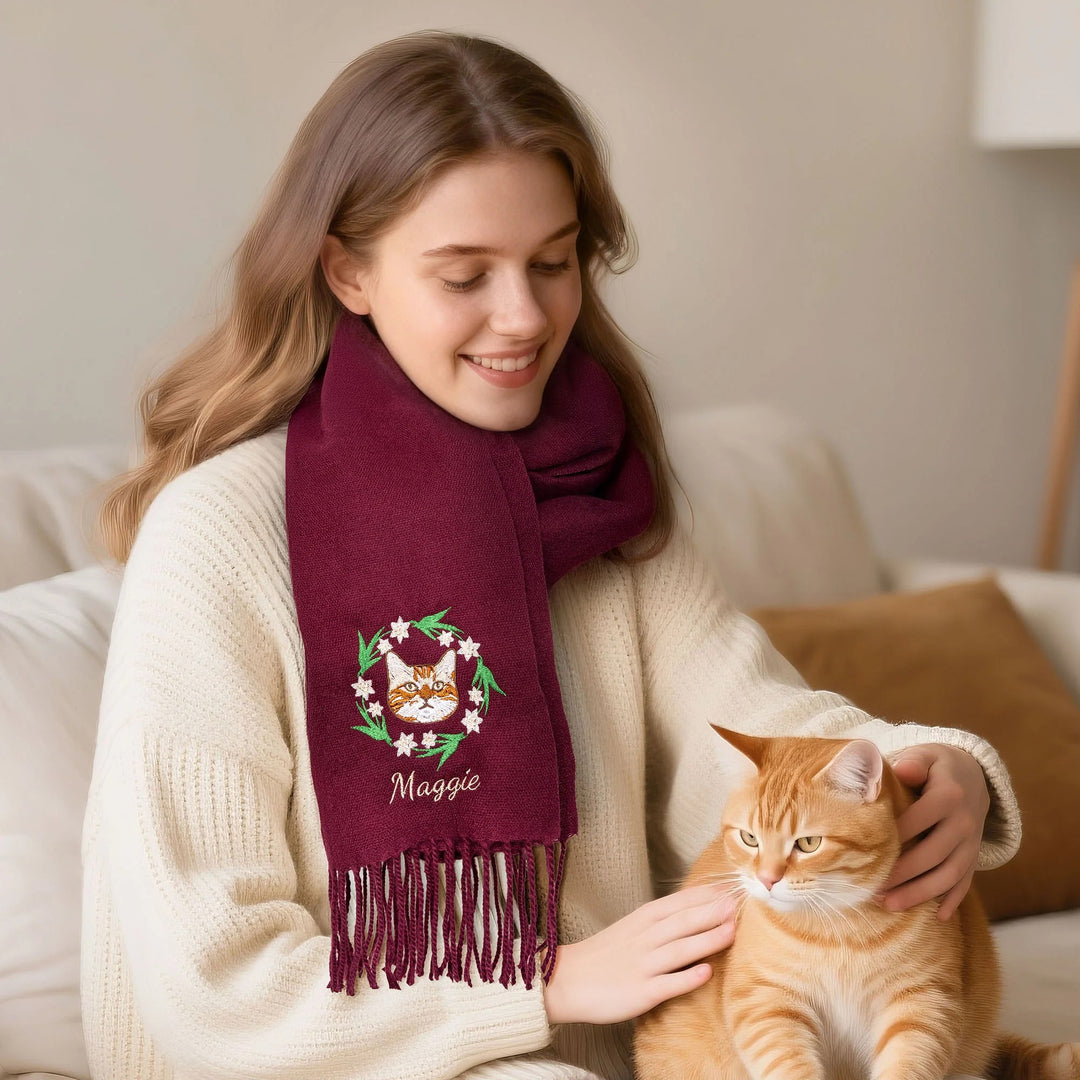 Écharpe à pompon brodée personnalisée avec photo d'avatar d'animal de compagnie, avec fleur de naissance et nom