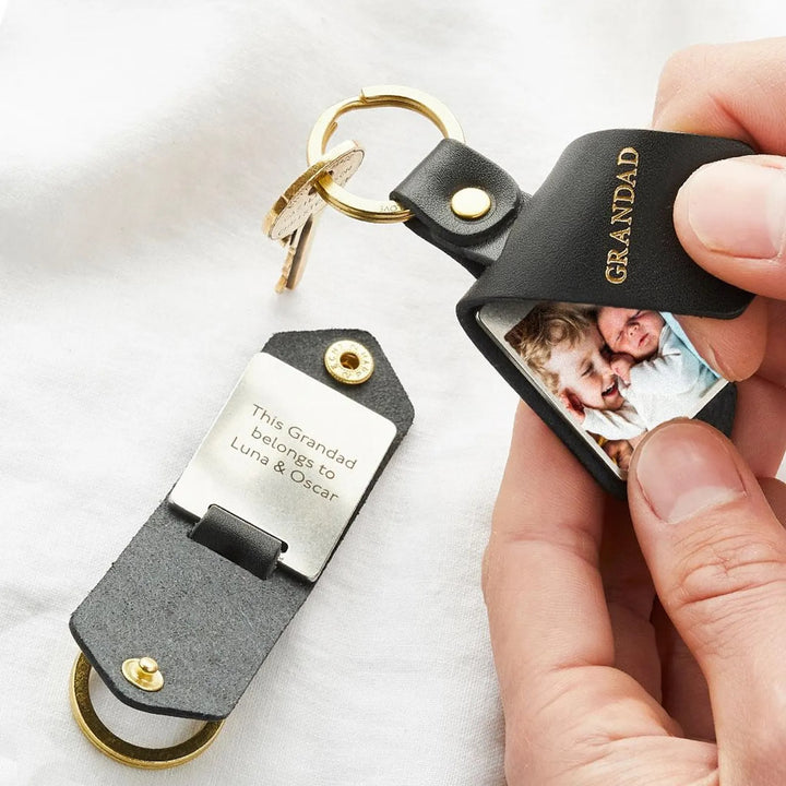 Porte-clés personnalisé en cuir avec étui photo et message gravé — Pour Maman, Papa ou la famille