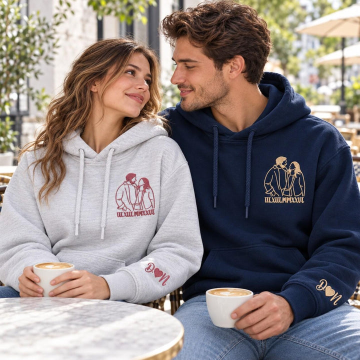 Sweat-shirt/T-shirt à chiffres romains avec contour brodé du portrait,un cadeau parfait pour les couples