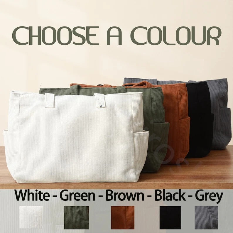 Sac fourre-tout en velours côtelé personnalisé pour maman de chien, avec broderie représentant le visage de l'animal.