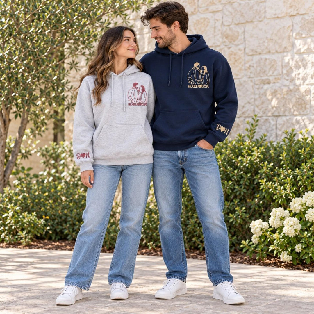 Sweat-shirt/T-shirt à chiffres romains avec contour brodé du portrait,un cadeau parfait pour les couples