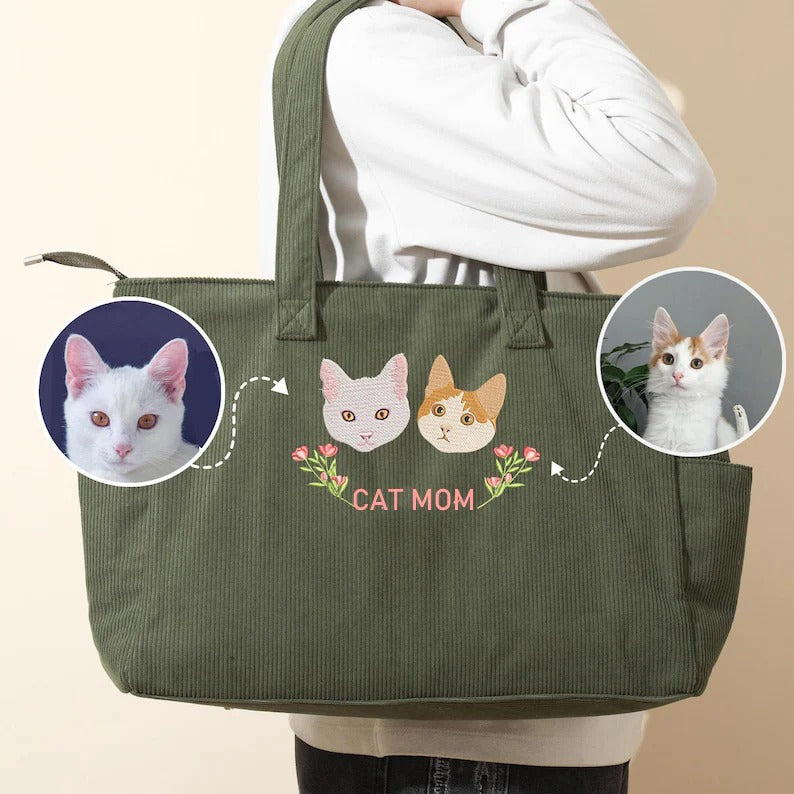 Sac fourre-tout en velours côtelé personnalisé pour maman de chien, avec broderie représentant le visage de l'animal.