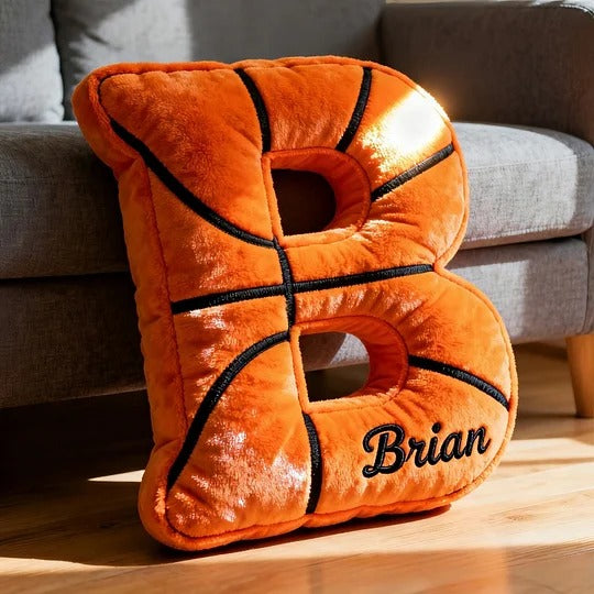 Coussin personnalisé en forme de lettre de basket-ball brodée en 3D avec nom personnalisé