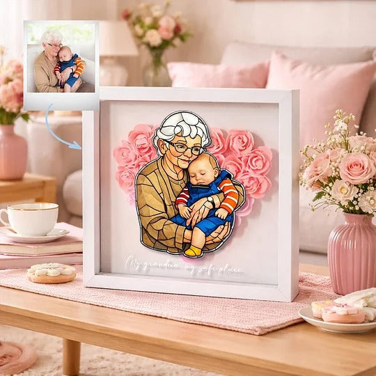 Cadre-vitrine floral personnalisé avec portrait de famille pour Maman et Mamie