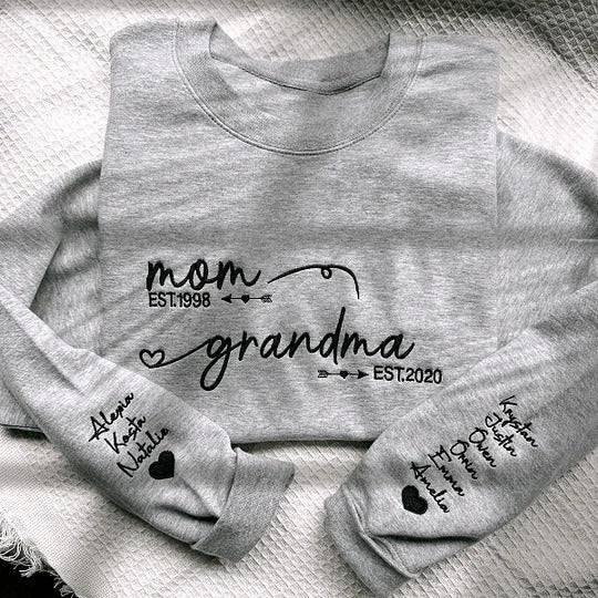 Sweat-shirt brodé personnalisé « De maman à grand-mère / De papa à grand-père » avec les noms des enfants sur les manches