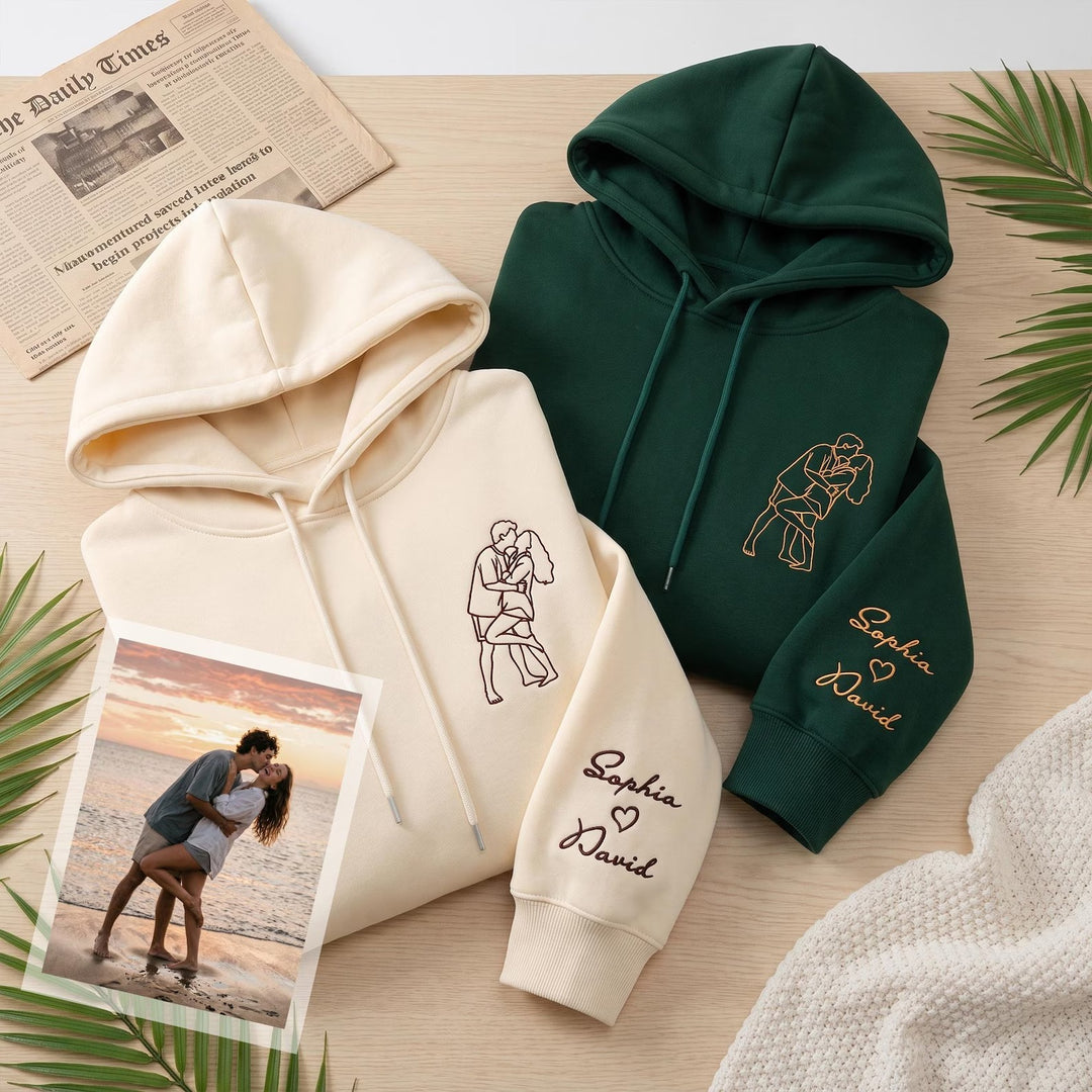 Sweat-shirt brodé avec contour de photo de couple personnalisé et prénoms sur la manche – Cadeau romantique pour anniversaire ou Noël