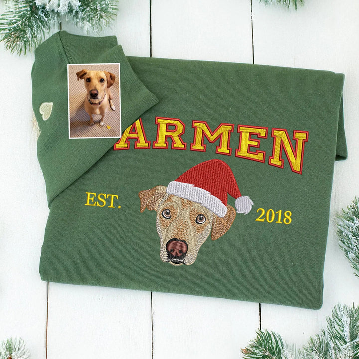 Sweat-shirt brodé personnalisé avec portrait d'animal de compagnie en couleur, année estimée et chapeau de Noël