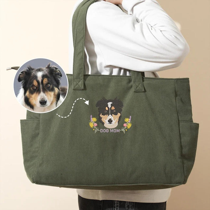 Sac fourre-tout en velours côtelé personnalisé pour maman de chien, avec broderie représentant le visage de l'animal.