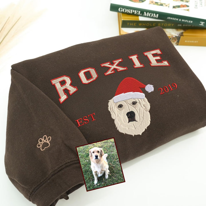 Sweat-shirt brodé personnalisé avec portrait d'animal de compagnie en couleur, année estimée et chapeau de Noël