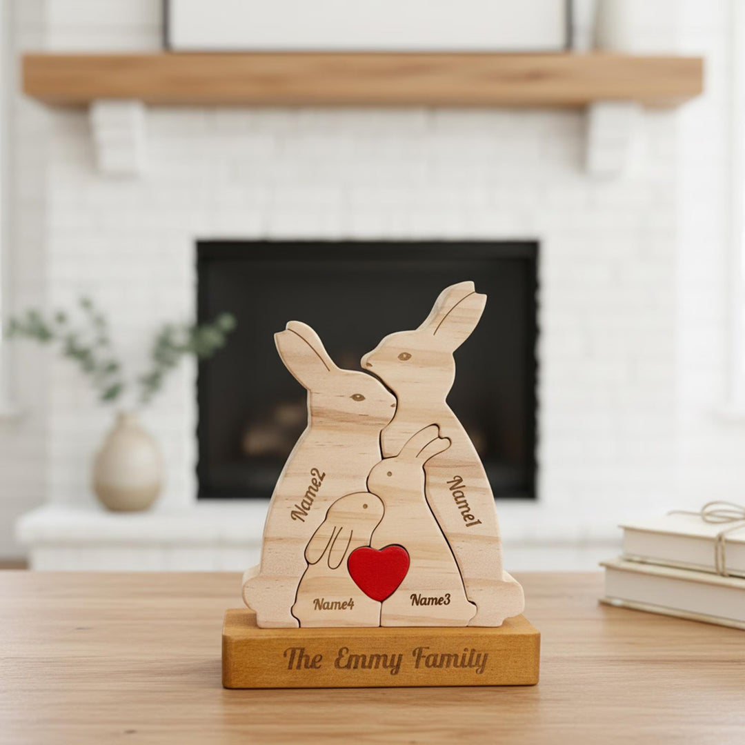 Puzzle en bois personnalisé - Famille des lapins - Décorations et cadeaux personnalisés