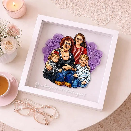 Cadre-vitrine floral personnalisé avec portrait de famille pour Maman et Mamie