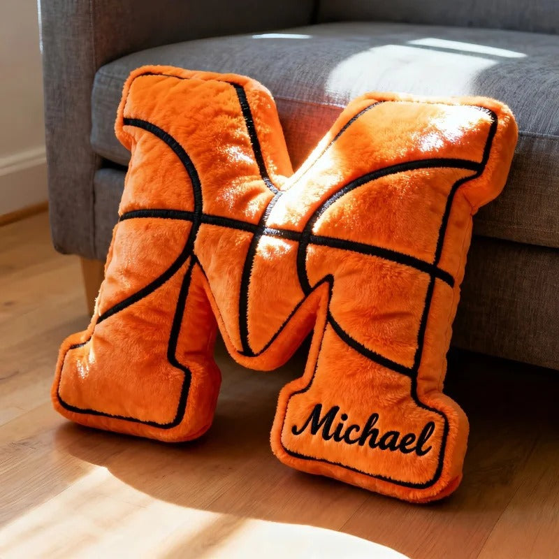 Coussin personnalisé en forme de lettre de basket-ball brodée en 3D avec nom personnalisé