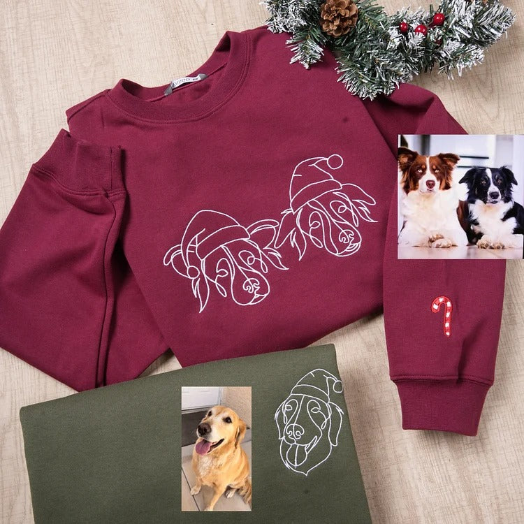 Sweat à capuche brodé personnalisé avec contour du visage de votre animal de compagnie et chapeau de Père Noël