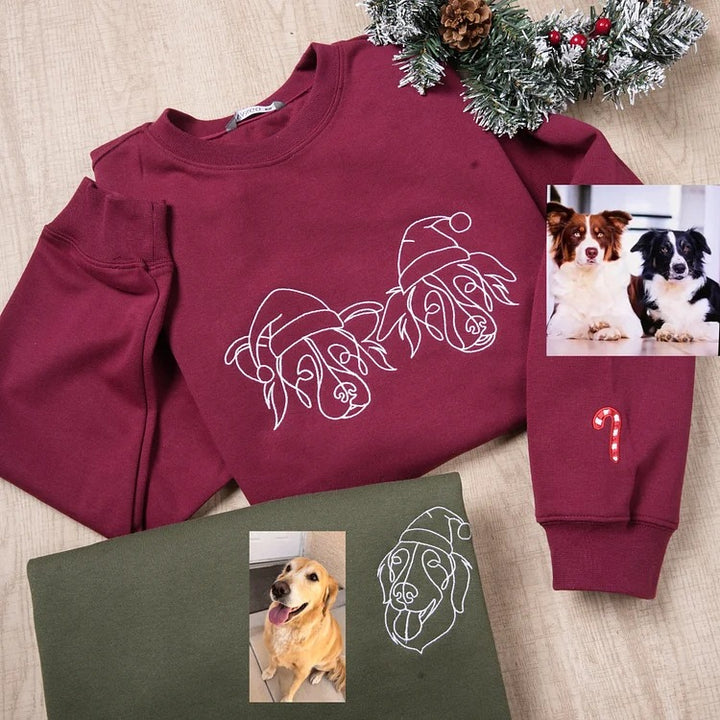 Sweat à capuche brodé personnalisé avec contour du visage de votre animal de compagnie et chapeau de Père Noël
