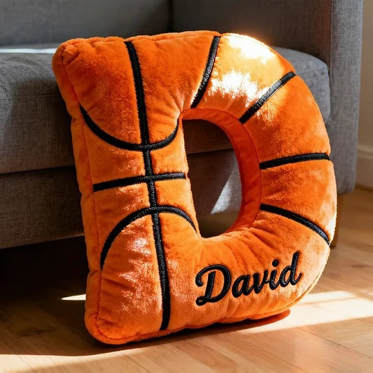 Coussin personnalisé en forme de lettre de basket-ball brodée en 3D avec nom personnalisé