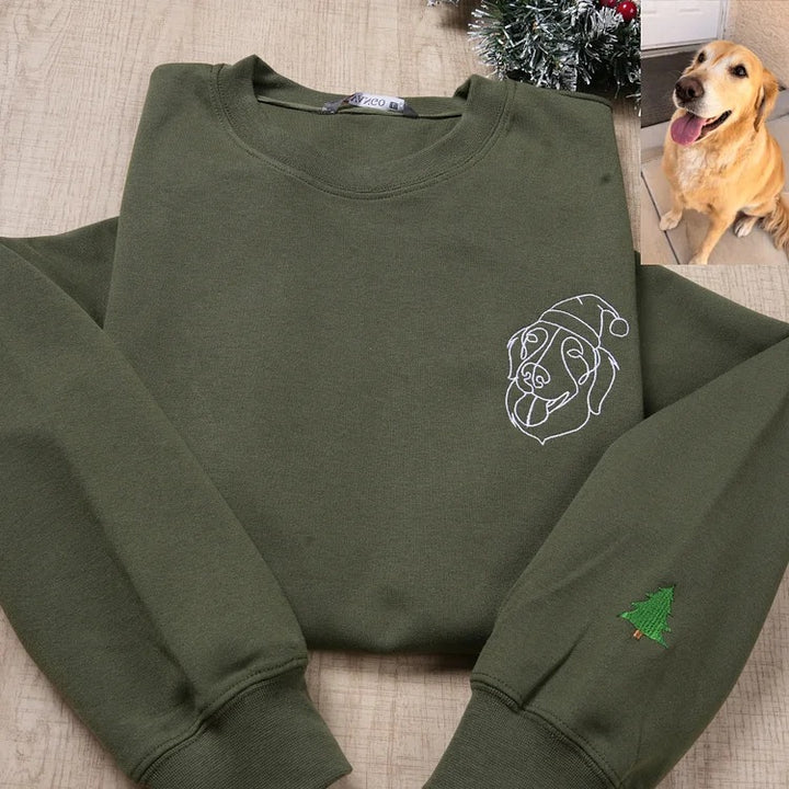 Sweat à capuche brodé personnalisé avec contour du visage de votre animal de compagnie et chapeau de Père Noël