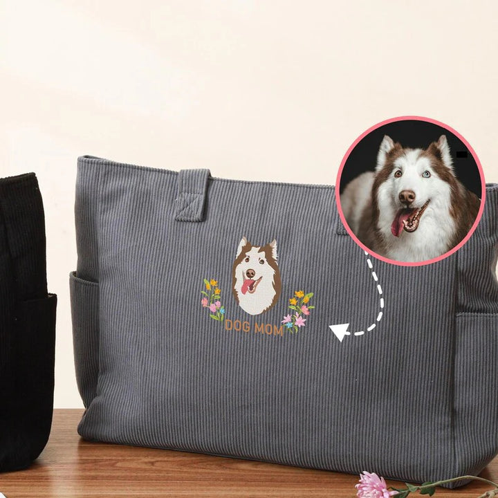 Sac fourre-tout en velours côtelé personnalisé pour maman de chien, avec broderie représentant le visage de l'animal.