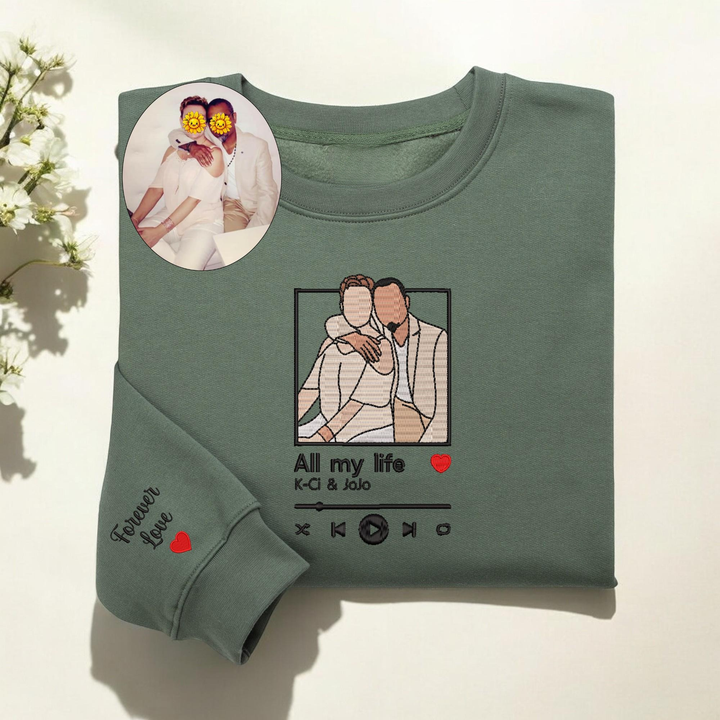 Sweat-shirt brodé avec portrait personnalisé et musique pour couple – Cadeau d'anniversaire ou de Noël