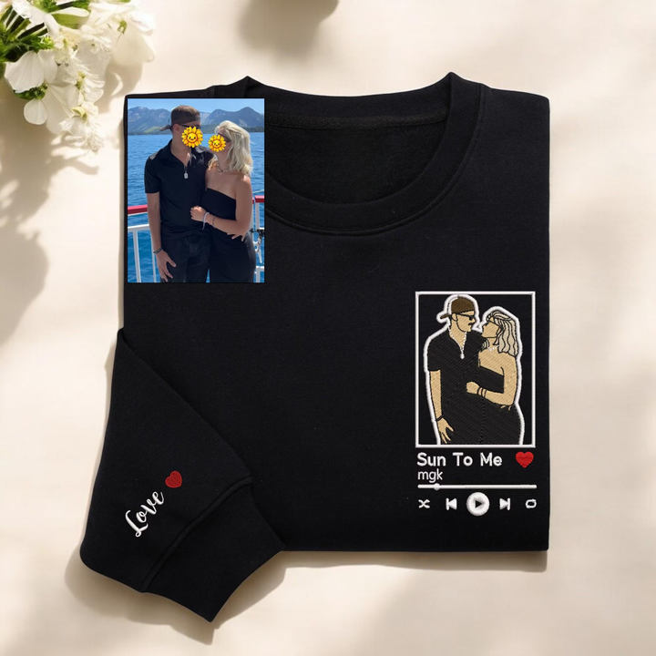 Sweat-shirt brodé avec portrait personnalisé et musique pour couple – Cadeau d'anniversaire ou de Noël