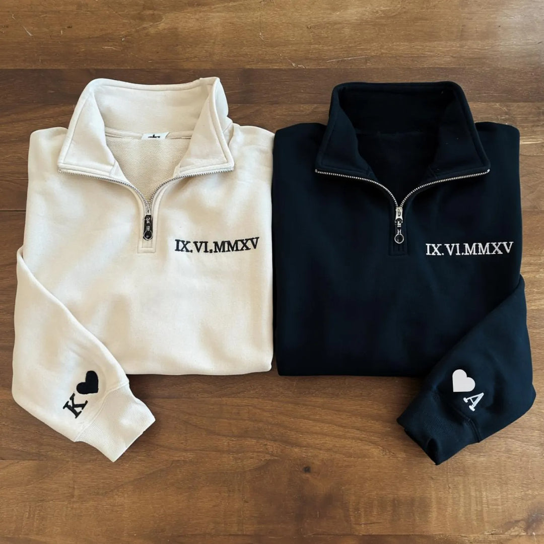 Pull brodé avec chiffres romains et fermeture éclair quart de tour, cadeau pour couple, date de mariage personnalisée, cadeau d'anniversaire pour elle