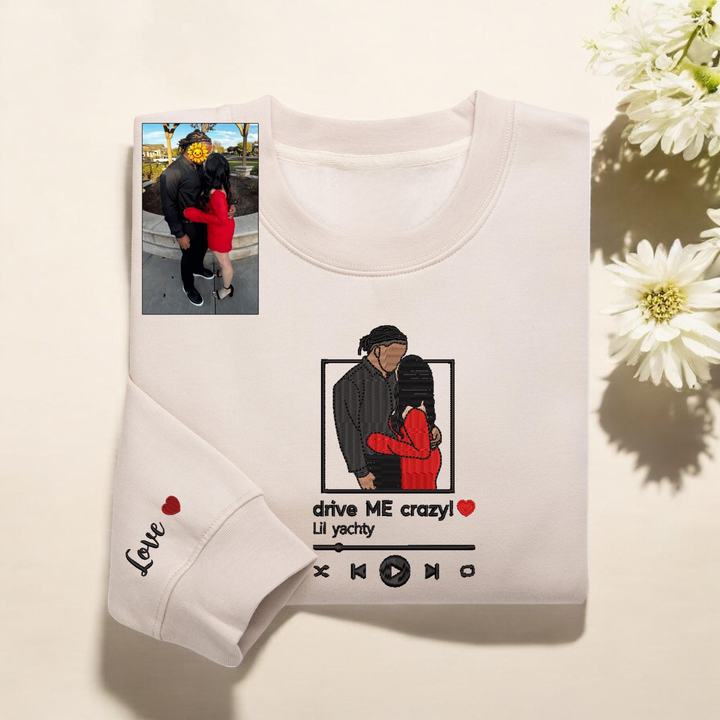 Sweat-shirt brodé avec portrait personnalisé et musique pour couple – Cadeau d'anniversaire ou de Noël