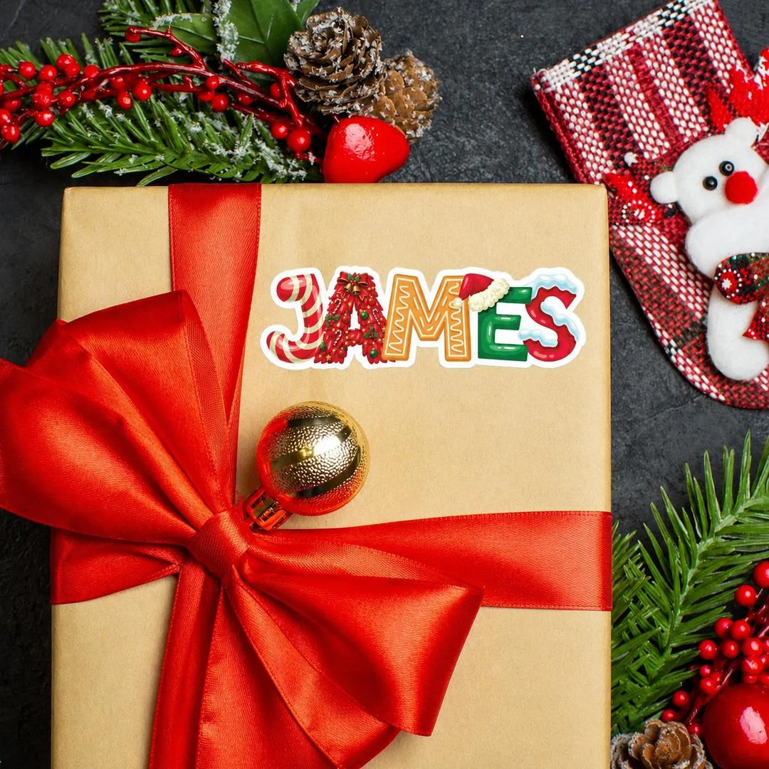Autocollant de Noël personnalisé avec prénom – Sticker décoratif pour cadeaux et chaussettes de Noël