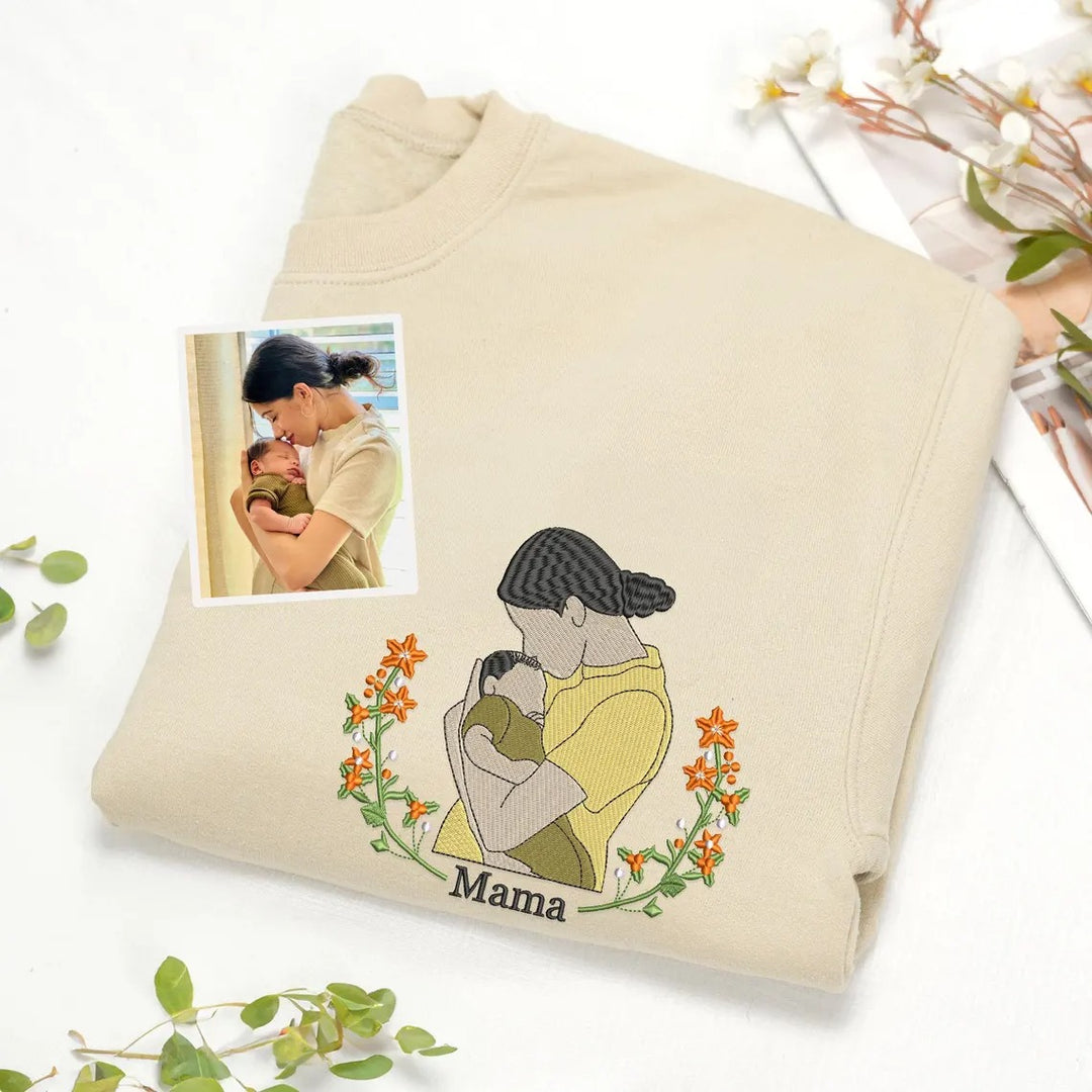 Sweat-shirt avec broderie portrait maman et enfants et options de couronne de fleurs