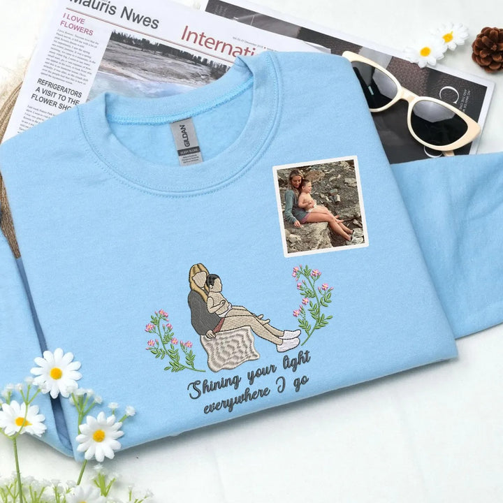 Sweat-shirt avec broderie portrait maman et enfants et options de couronne de fleurs
